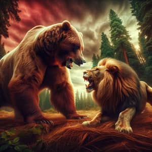 Intense Grizzly Bear vs. African Lion Scene in the Wilderness