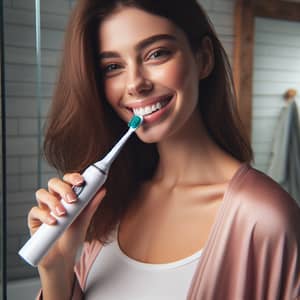 Caucasian Woman Using Philips Electric Toothbrush in Bathroom