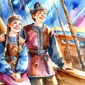 Viking Ship Watercolor Painting - Joyful Teenage Couple on Deck