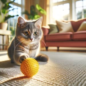 Playful Cat Swatting Bright Yellow Ball in Sunlit Living Room