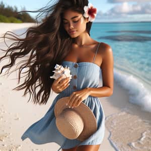 Modern Moana on Sandy Beach with Seashell and Hibiscus Flower