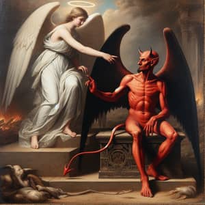 Devil and Angel Painting: Eerie Clash of Forces in Old-Style Scene