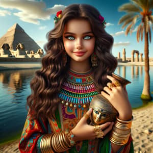 Young Egyptian Girl in Traditional Attire with Scarab Necklace and Pyramids