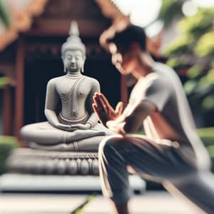 Tranquil Yoga Practice with Buddha Statue Outdoors