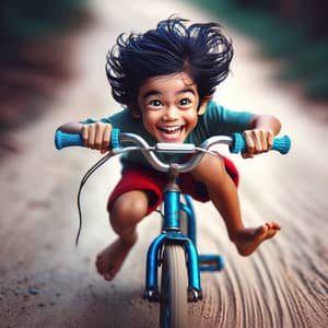 Cheerful South Asian Boy Riding a Vibrant Blue Bike