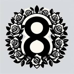Number 8 surrounded by roses in black and white