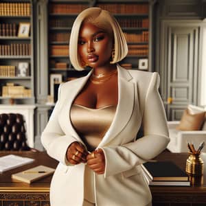 Empowered Black Woman in Elegant Home Office | Professional Suit & Gold Accents