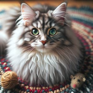 Fluffy Maine Coon Cat with Bright Green Eyes on Colorful Carpet