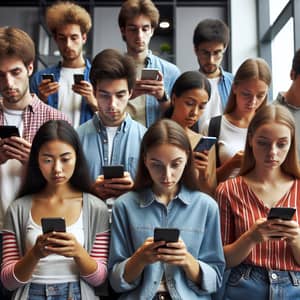 Diverse Students Engrossed in Smartphones | Modern Room Setting