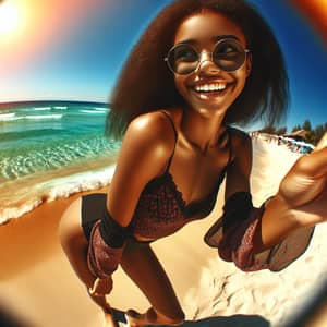 Vibrant Summer Beach Scene with Black Teenage Girl | Beachwear Fashion