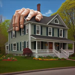 Whimsical Two-Story House with Surreal Hand Architecture