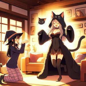 Black Fur Coat Witch Transformation Into a Cat in Cozy Living Room