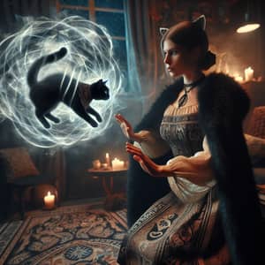 Black Fur Coat Witch Transformation Into Cat - Enchanting Scene