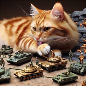 Cat Grooming Near Miniature Military Objects