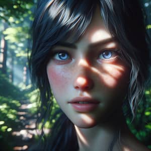 Tranquil Forest Cinematic Style Image with Striking Blue-Eyed Girl