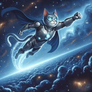 Superhero Cat Flying into Space with Shiny Armor