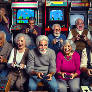 Diverse Elderly Gamers Enjoying 8-Bit Style Games