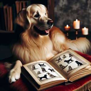 Golden Retriever Reading Book with Dog Sketches