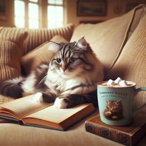 Charming Cat Reading Adventure on Beige Sofa