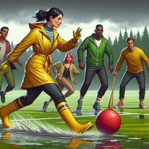 Lively Kickball Game in the Rain - Multicultural Players