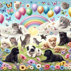 Adorable Kittens, Puppies, Balloons & Flowers - Delightful Image