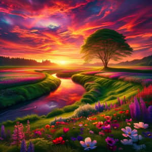 Tranquil Sunset Landscape with Vibrant Colors and Lush Green Fields