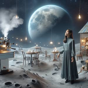 Modestly Dressed Filipina Woman on Moon | Vintage Coffee Shop Scene