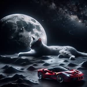 Feline Creature Lounging on Moon | Ferrari Car on Lunar Surface