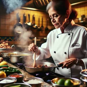 Middle Age Mexican Woman Chef Cooking in Vibrant Kitchen