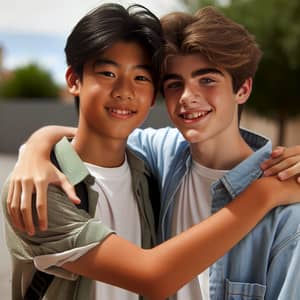 Teen Boys Hugging Outdoors | Friendly Summer Moment