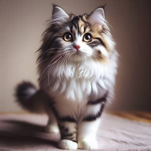 Fluffy Gray and White Domestic Cat | Attentive Pose with Upright Tail