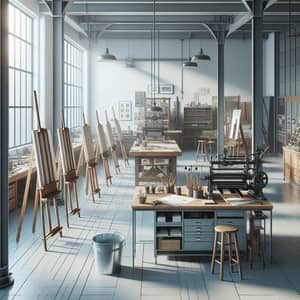 Workshop Space with Easels, Printing Press, and Work Tables