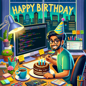 Birthday Card for IT Specialist | Celebration Scene with Coding Script Text