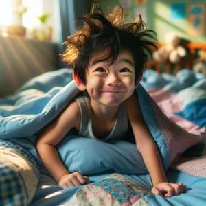Cheeky South Asian Boy Waking Up in Colorful Bedroom