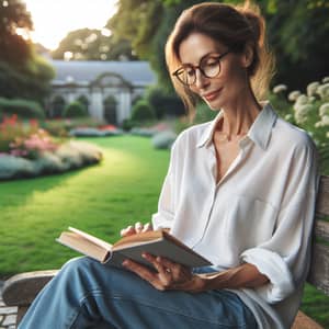 Middle-aged Woman Relaxing on Park Bench Reading Book