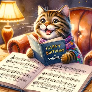 Lovable Tabby Cat Singing 'Happy Birthday' in Swahili - Watercolor Painting
