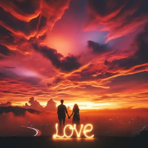 Romantic Sunset Scene with Glowing Love Word in the Air