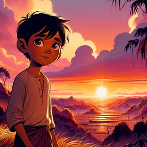 Tranquil Sunset Scene with South Asian Boy