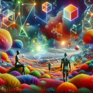 Surrealistic Landscape with Geometric Patterns and Humanoid Figures