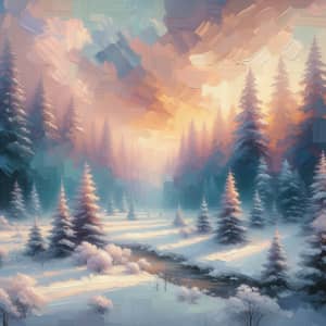 Tranquil Snow-Covered Forest at Dusk in Soft Pastel Colors