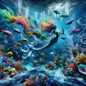 Surreal Underwater Mermaid Scene with Colorful Fish and Coral