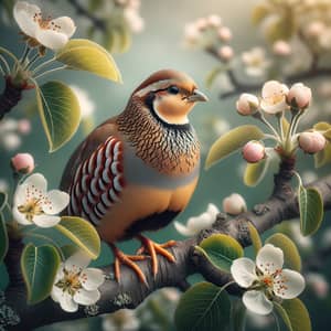 Elegant Partridge on Blossoming Pear Tree Branch