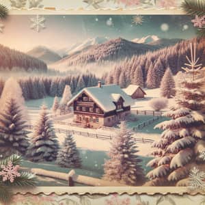 Vintage Winter Cabin Postcard Scene | Snowy Landscape Photo