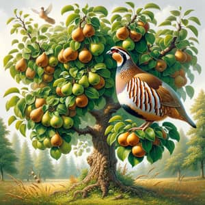 Wholesome Rural Scene with Partridge Perched in Pear Tree