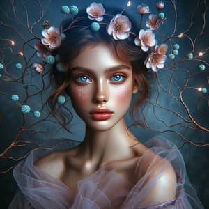 Ethereal Middle-Eastern Woman with Blue Eyes and Pink Flowers