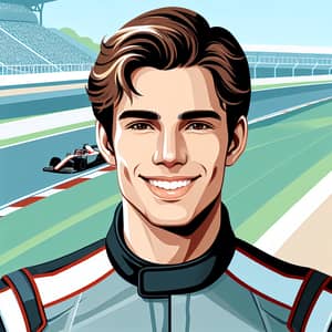 Smiling Athletic Figure in Racing Suit and Helmet | Racing Circuit Background