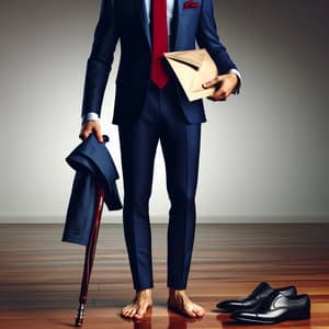 Middle Eastern Businessman in Navy Suit with Envelope - Unusual Barefoot Image