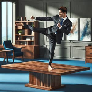 Business Executive Practicing Karate on Table