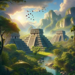Ancient Mayan Temples in Serene Forest Landscape