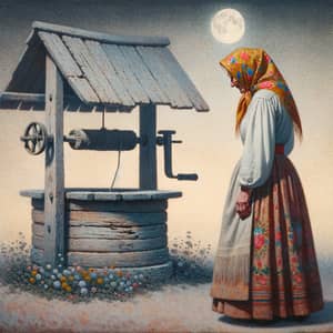 Russian Grandmother at Old Wooden Well in Night Sky
